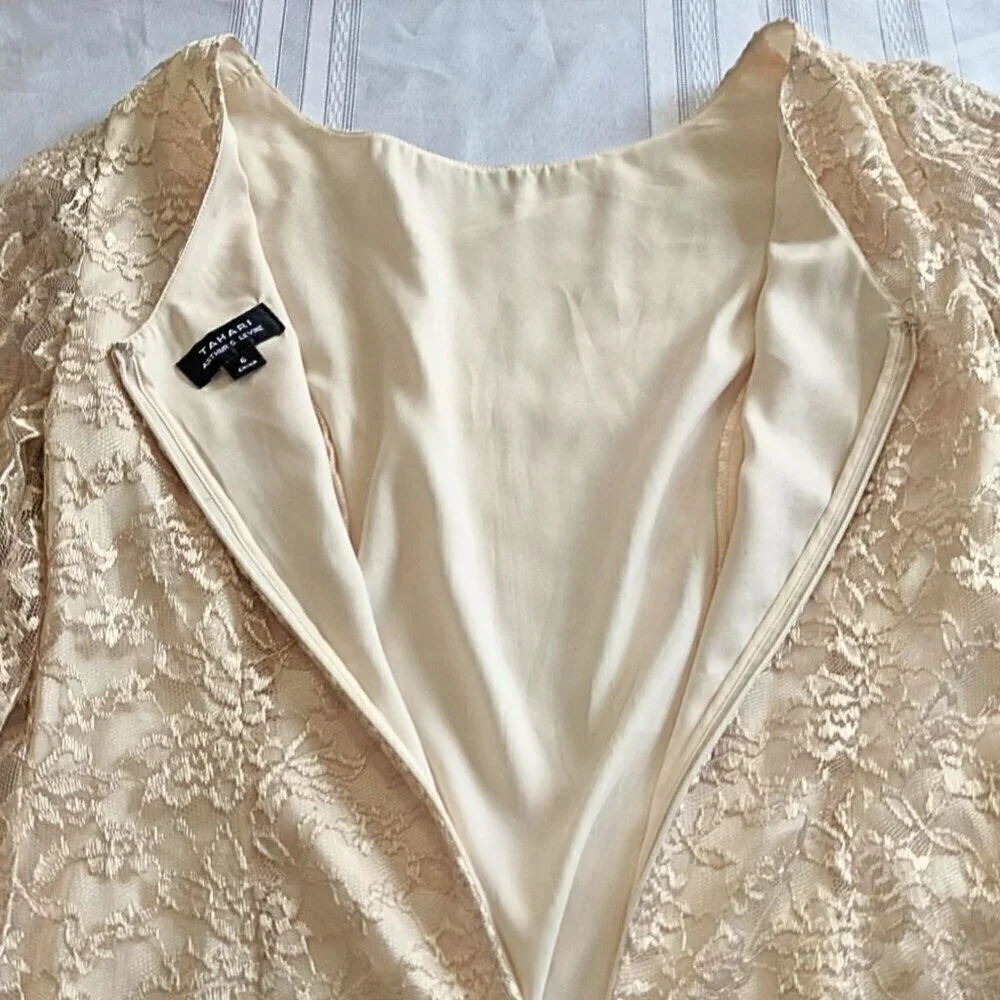 Angelic TAHARI ARTHUR S LEVIN Champagne Satin Georgette Angel Sleeve Lace Overla